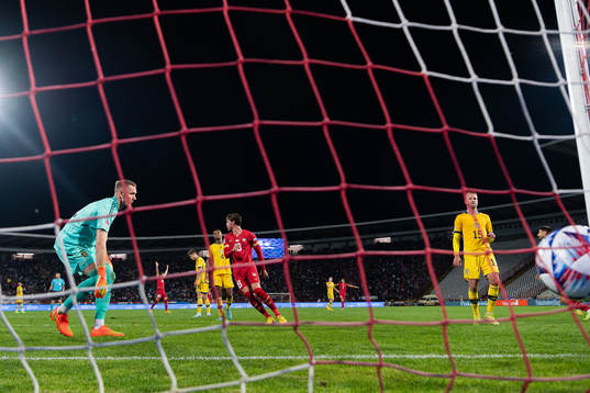 Goalkeeper Robin Olsen, Isak Hien and Daniel Sundgren of