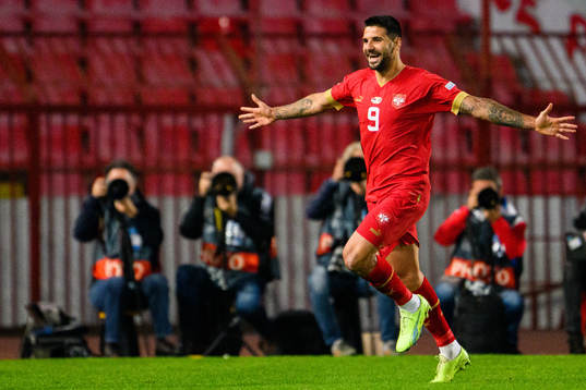 Aleksandar Mitrovic of Serbia celebrates
