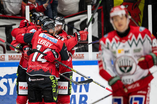 Malmö Redhawks spelare jublar med Emil Sylvegård