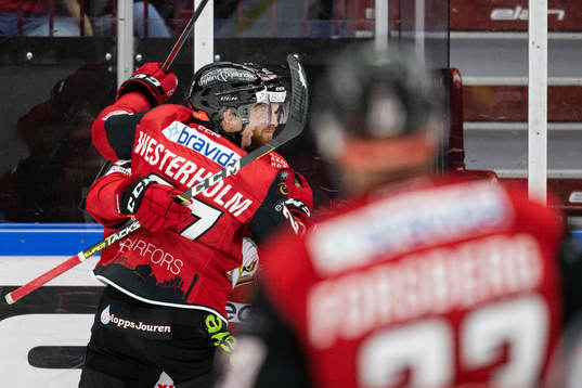 Malmö Redhawks Ponthus Westerholm och Joakim Ryan jublar