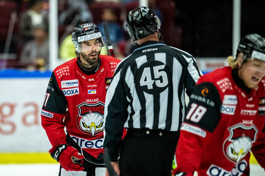 Malmö Redhawkss Markus Lauridsen reagerar på ett domslut