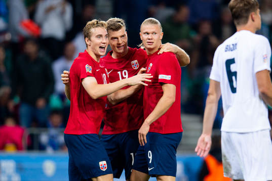 Erling Braut Haaland of Norway celebrates with teammates
