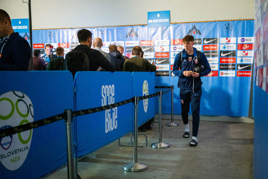 Jørgen Strand Larsen of Norway leaves the mixed zone