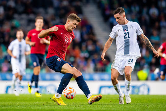 Alexander Sørloth of Norway and Benjamin Verbic of Slovenia