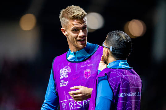 Kristoffer Ajer and Omar Elabdellaoui of Norway warm up