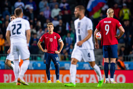 Martin Ødegaard and Erling Braut Haaland of Norway looks