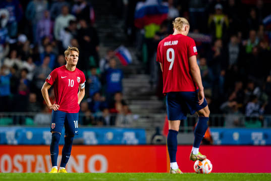 Martin Ødegaard and Erling Braut Haaland of Norway look