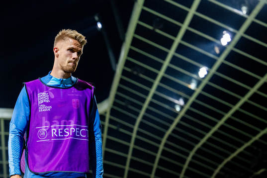 Kristoffer Ajer of Norway warms up