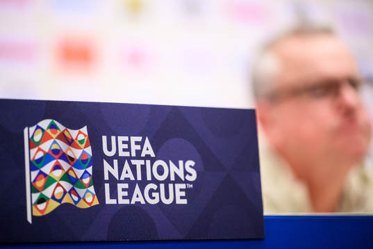 The UEFA Nations League logo at a press conference