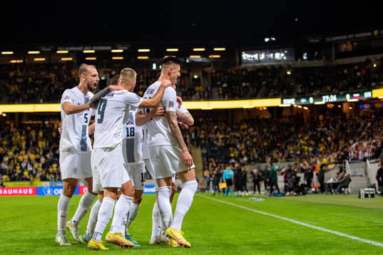 Benjamin Sesko of Slovenia celebrate with team mates
