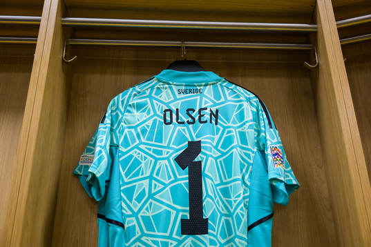 Jersey of Robin Olsen in the dressing room of Sweden