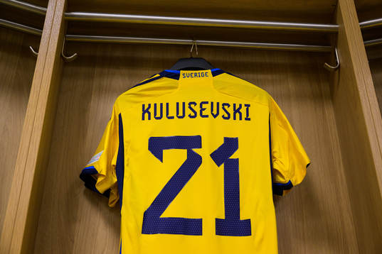 Jersey of Dejan Kulusevski in the dressing room of Sweden