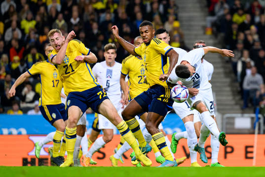 Dejan Kulusevski and Isak Hien of Sweden against Petar
