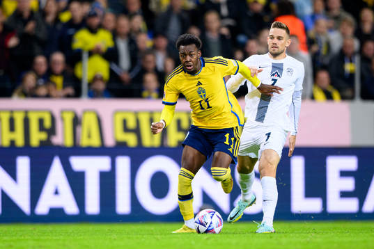 Anthony Elanga of Sweden and Timi Elsnik of Slovenia