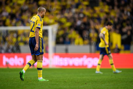 Robin Quaison of Sweden looks dejected