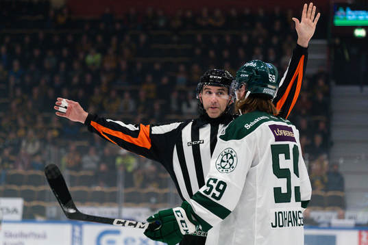 Domare Linus Öhlund och Färjestads Linus Johansson