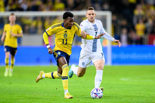 Anthony Elanga of Sweden and Timi Elsnik of Slovenia