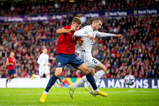 Alexander Sørloth of Norway and Strahinja Pavlovic of
