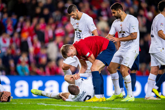 Strahinja Pavlovic of Serbia and Alexander Sørloth of
