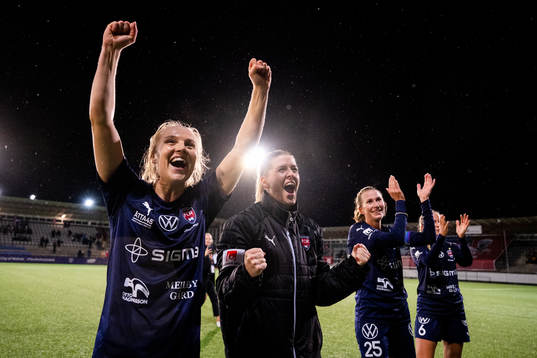Fiona Brown and Olivia Schough of FC Rosengård celebrate