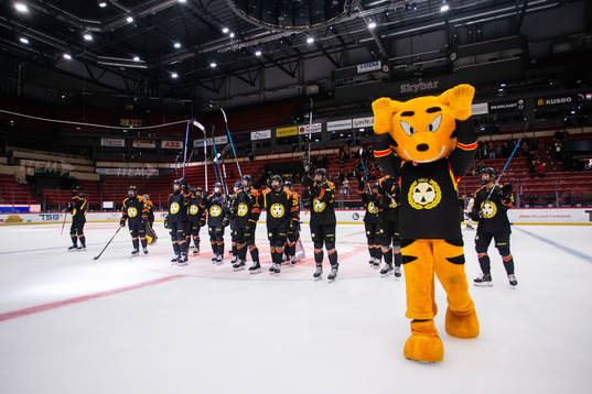Brynäs spelare och maskot jublar