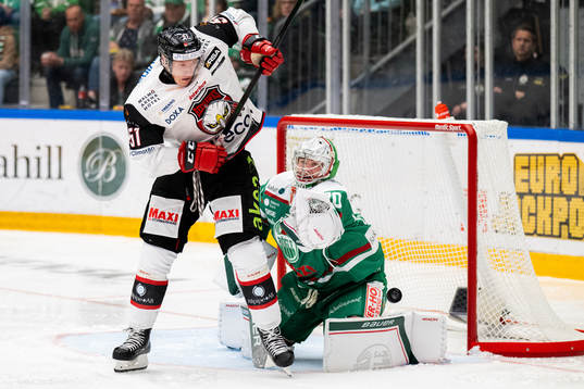 Malmö Redhawks Emil Sylvegård oroar vid Rögles målvakt