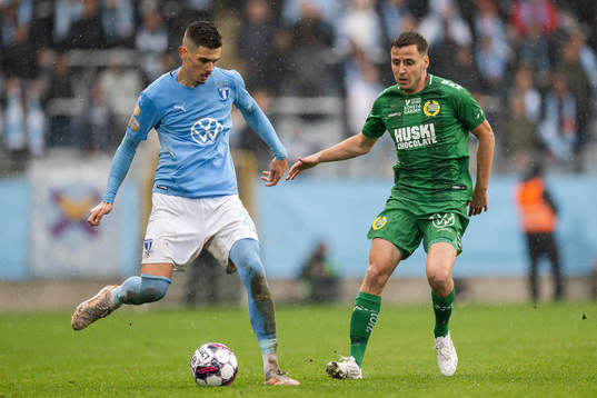 Malmö FFs Dennis Hadzikadunic och Hammarbys Jeppe Andersen