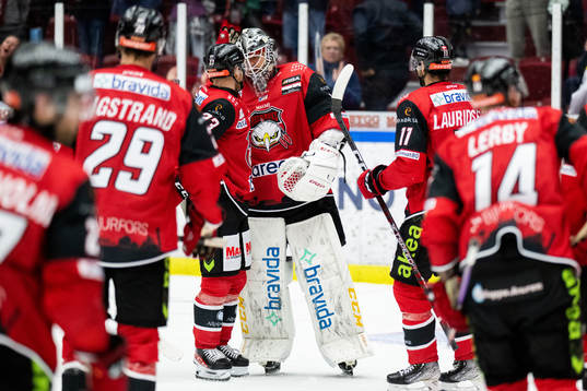 Malmö Redhawks målvakt Adam Werner jublar med lagkamrater