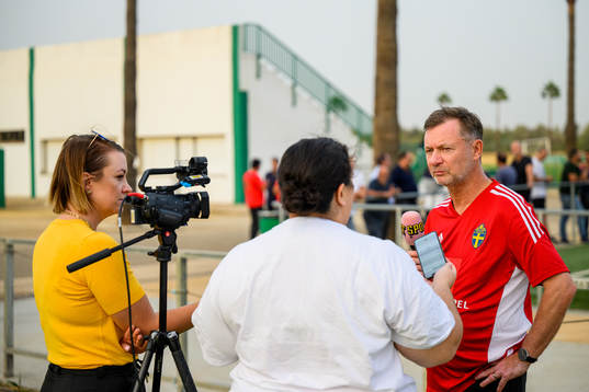 Head coach Peter Gerhardsson is interviewed by the media