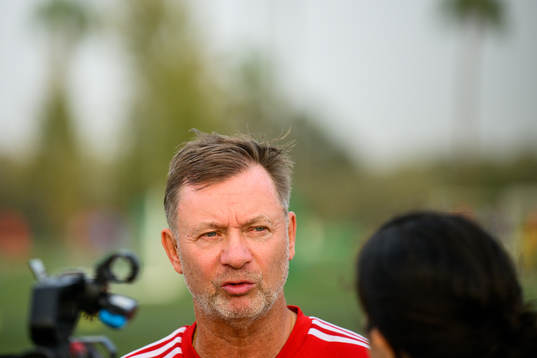 Head coach Peter Gerhardsson is interviewed by the media