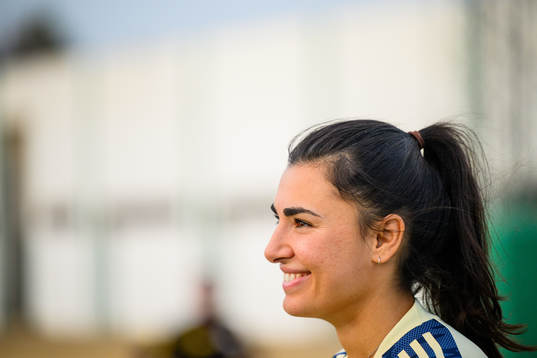 Goalkeeper Zecira Musovic is interviewed by the media