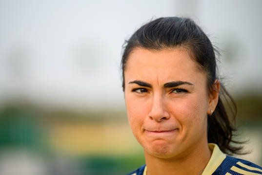 Goalkeeper Zecira Musovic is interviewed by the media