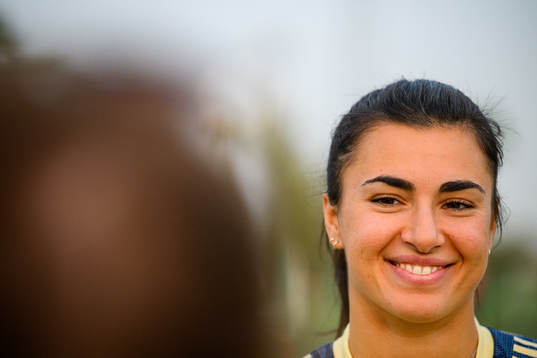 Goalkeeper Zecira Musovic is interviewed by the media