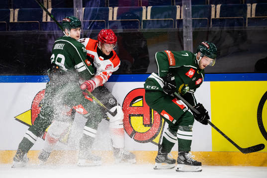 Lucas Forsell of Färjestad and Sebastian Brynkus of