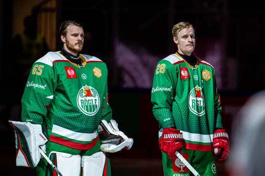 <goalkeeper Christoffer Rifalk and Anton Bengtsson of Rögle