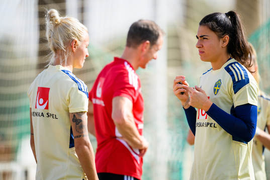 Nathalie Björn and goalkeeper Zecira Musovic of the