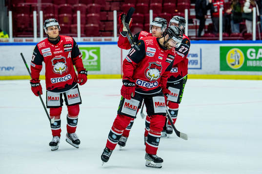 Malmö Redhawks Markus Lauridsen deppar med lagkamraterna