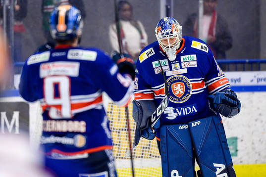 Växjös målvakt Emil Larmi jublar