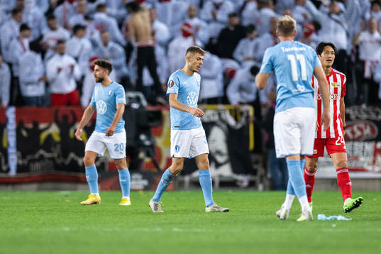 Patriot Sejdiu of Malmö FF looks dejected