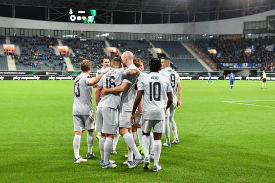 Players of Djurgården celebrate with Marcus Danielson