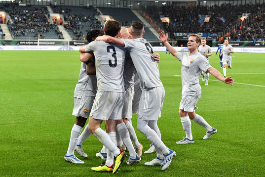 Players of Djurgården celebrate with Marcus Danielson