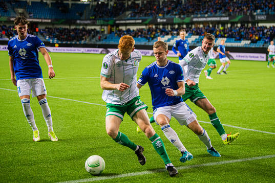 Rory Gaffney of Shamrock Rovers and Eirik Haugan of Molde