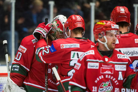 Modos målvakt Krister Gudlevskis Adam Pettersson jublar
