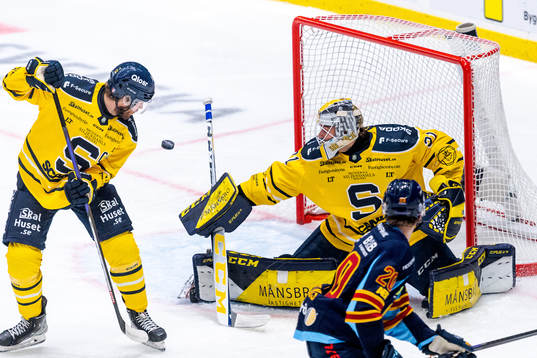 Södertäljes Christopher Liljewall och målvakt Nikita