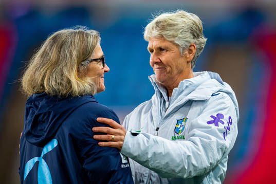 Hege Riise, head coach of Norway, and Pia Sundhage, head