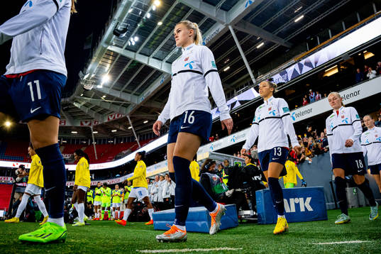 Kristine Bjørdal Leine of Norway enters the pitch