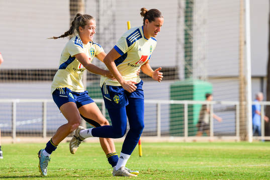 Filippa Angeldahl and goalkeeper Emma Lind of the Swedish