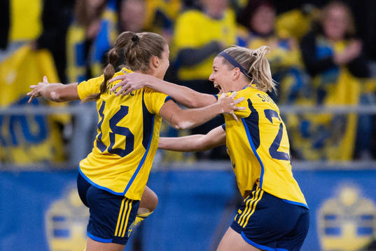 Filippa Angeldahl and Olivia Schough of Sweden celebrate