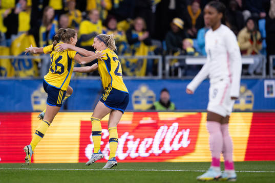 Filippa Angeldahl and Olivia Schough of Sweden celebrate