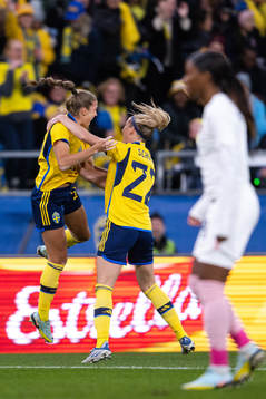 Filippa Angeldahl and Olivia Schough of Sweden celebrate